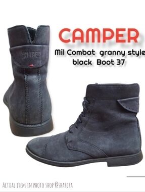 Camper Women's Mil Combat Boot Black leather Lace-up boots ankle granny EU 37 7